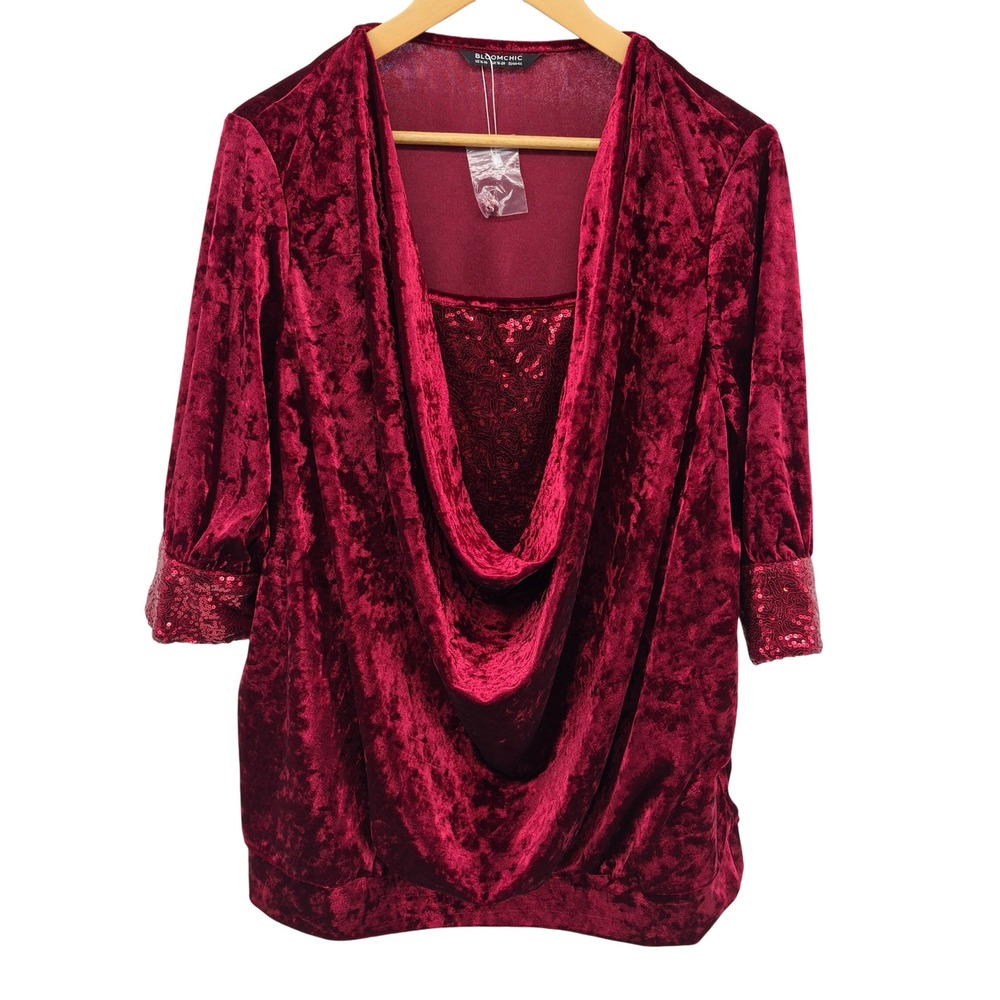 BloomChic Womens Sz 1X‎ Burgundy Velvet Sequin Cowl Neck Holiday Party Top NWT